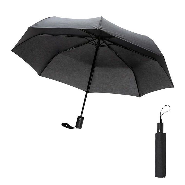 Umbrela premium pliabila, cu Deschidere si Inchidere Automata, unisex, compacta, protectie ploaie si furtuna, fibra de sticla, uscare rapida, 94 cm, negru