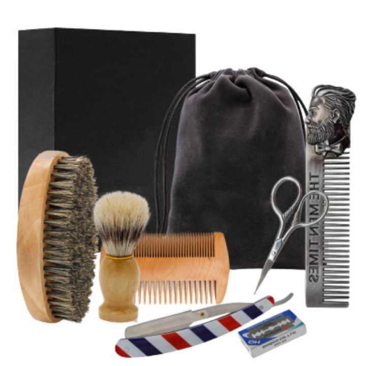 Комплект за грижа за брадата, С четка/гребен/ножица/транспортна чанта/самобръсначка, 6 части