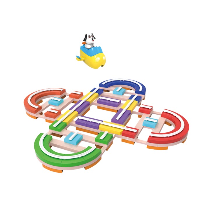 Utility One Interaktív játékkészlet, összeszerelhető pálya mobil alkatrészekkel és 2 autóval, vízszintes vagy függőleges felszerelés különböző felületekre, 80,5x80,5x5,5 cm, 167 darab, 3+ év