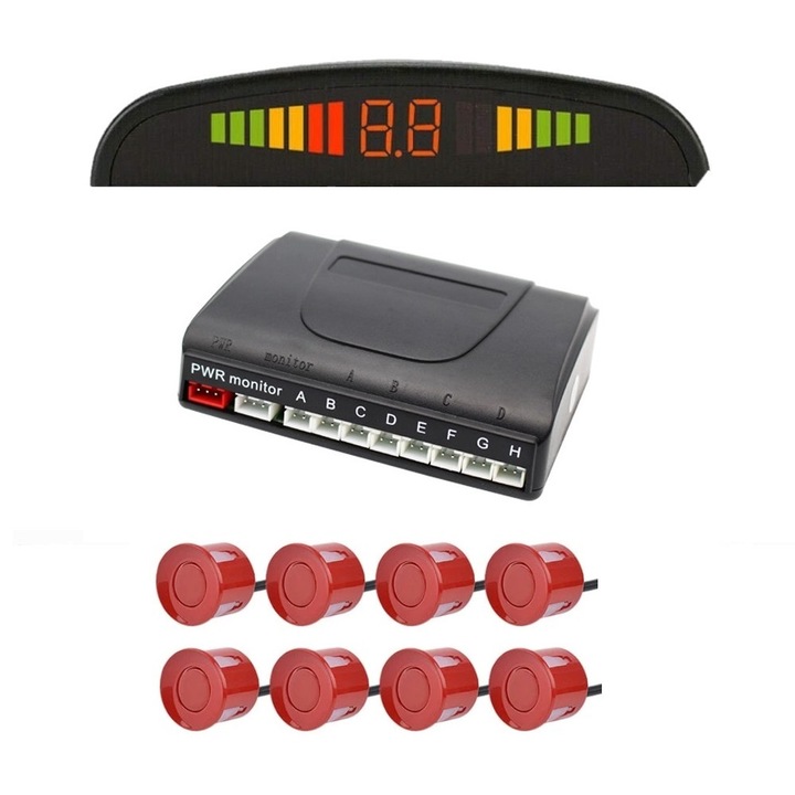 Set 8 senzori parcare Rosii fata spate cu display LED S300-8-Red
