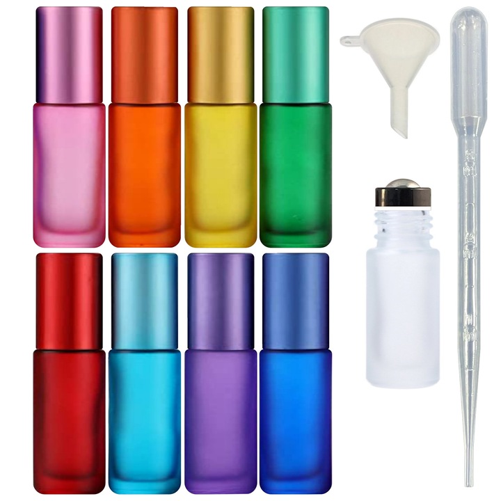 Set 9 Sticle Roll-on Mevis Line ®, 5 ml, 5.5 cm, pentru Uleiuri Esentiale sau Parfum, Multicolor