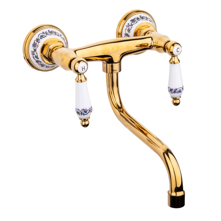 Смесител за кухня TRENDY'S, стенен монтаж, златен, с керамична бродерия