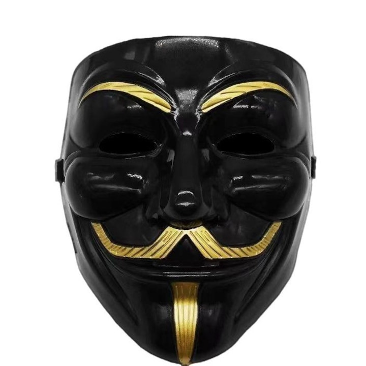 Анонимна маска Vendetta, пластмасова, черна, златиста, универсален размер