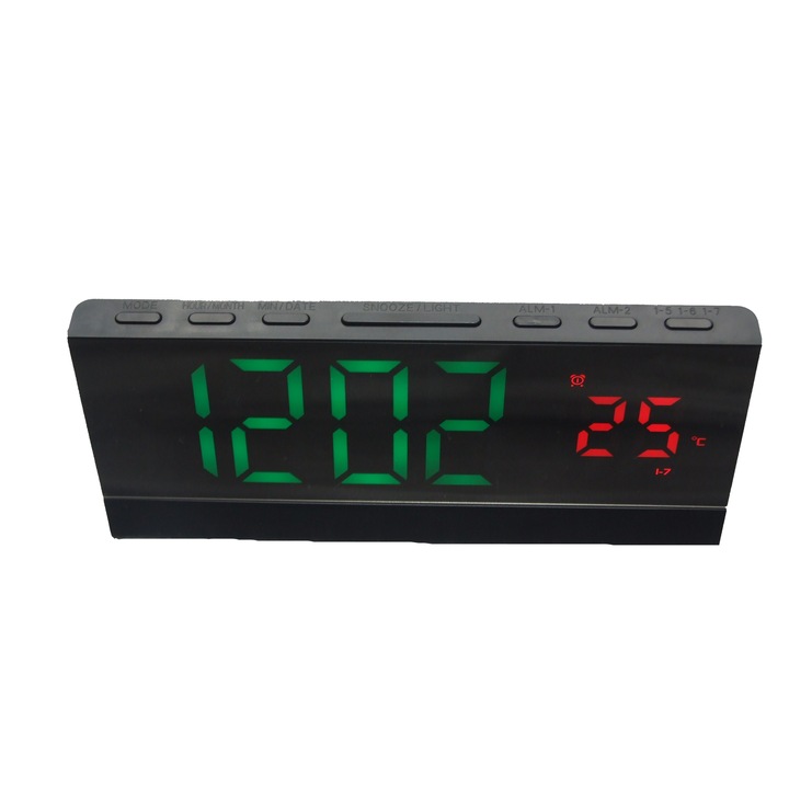 Ceas Digital Oglinda Alainn ®, Format 12/24H, 20 x 5.5 x 8, Termometru, Control Luminozitate, Led Verde