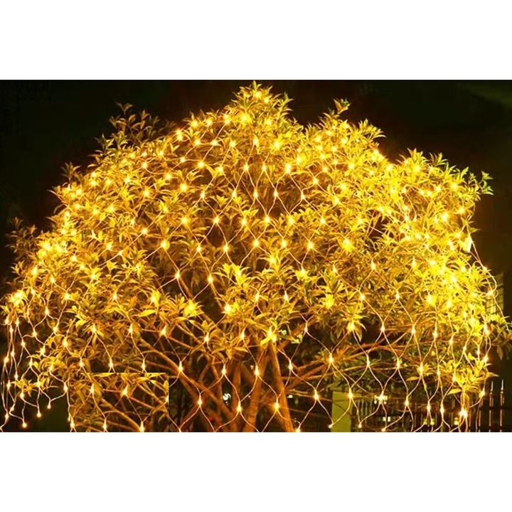 Hálós karácsonyi installáció, 15 mx 1,5 m, 1200 LED, Meleg fehér, transzformátor távirányítóval, 8 fényjáték, Összeköthető, Átlátszó kábel, Rézhuzal, 5 m-es hosszabbító