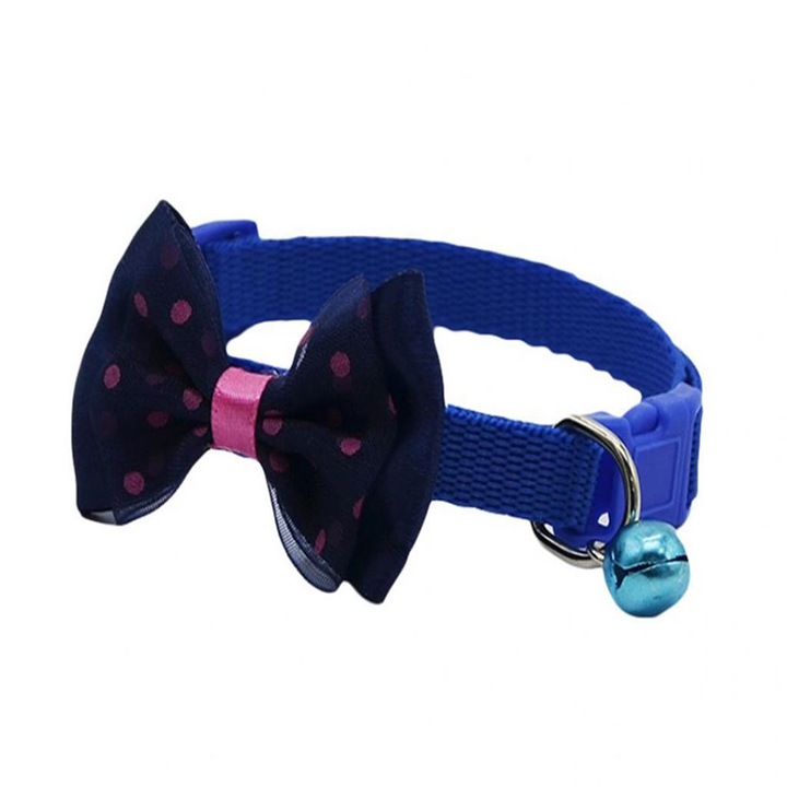 Zgarda ajustabila cu clopotel si fundita pentru caini, 27-42cm/15mm, Albastru inchis, Ropet