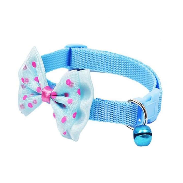 Zgarda ajustabila cu clopotel si fundita pentru caini, 27-42cm/15mm, Albastru deschis, Ropet