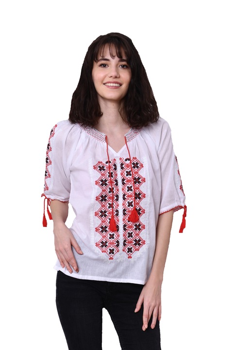 Bluza traditionala dama, maneca trei sferturi, cu broderie rosu cu negru in romburi