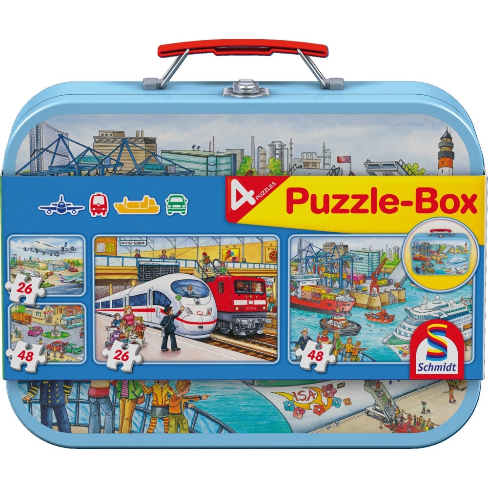 Puzzle Schimdt 4 in 1 - Mijloace de transport, 2x26, 2x48 piese, cutie metalica