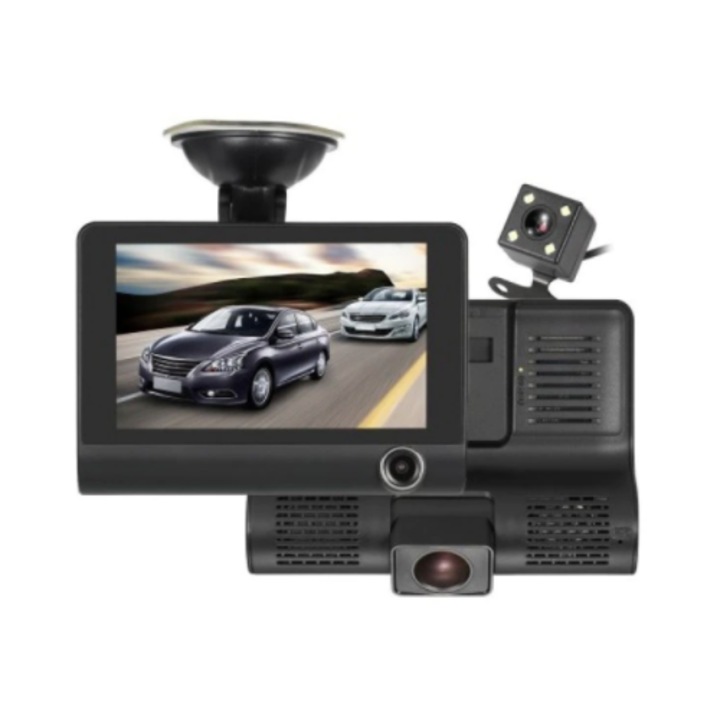 Camera Auto Tripla 3 in 1 ce Filmeaza in Fata in Interiorul si in Spatele Masinii