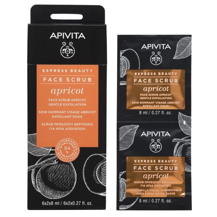 Masca de fata exfolianta cu caise pentru pielea delicata si sensibila, Express Beauty, Apivita, 2 x 8 ml