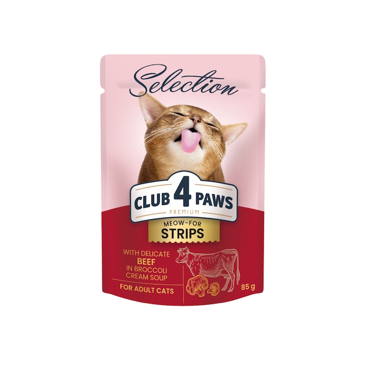 hrana umeda completa club 4 paws premium selection pentru pisici - stripsuri de vita in supa crema de broccoli 12x85g imagen 55_1_
6
