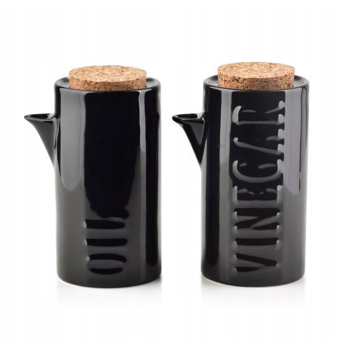Recipiente pentru ulei de masline si otet, 2 x 0,2 l, Portelan, Pluta, Negru, Bej