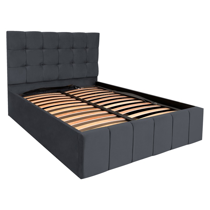 Pat Verona dublu cu somiera si spatiu de depozitare, gri inchis, F25, 160x200 cm