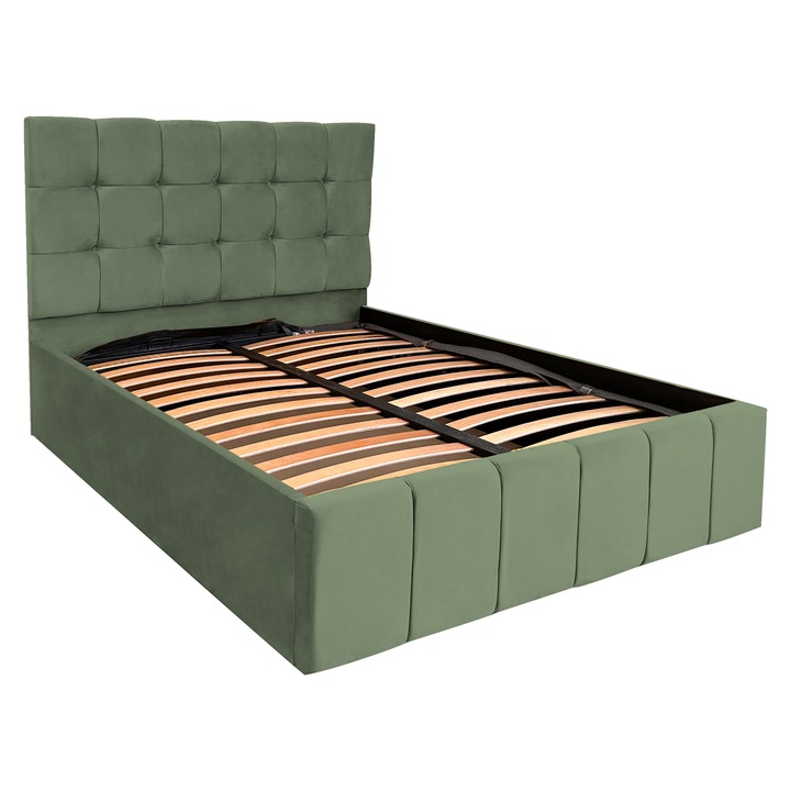 Pat Verona dublu cu somiera si spatiu de depozitare, verde maslin, F11, 160x200 cm