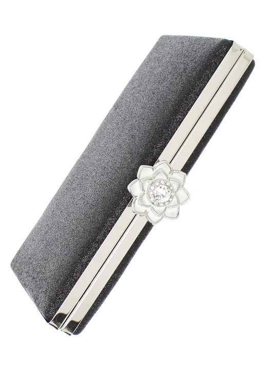 Geanta de dama, tip clutch, ButicCochet, pentru evenimente si ocazii, cu sclipici si floare, lant inclus 120 cm, 20x12x3 cm, Negru - GND430