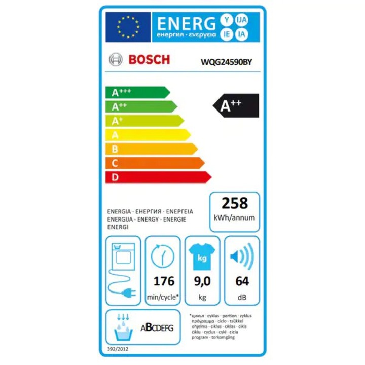 Uscator de Rufe BOSCH WQG24590BY, Condensare si Pompa de Caldura, 9 kg, 14 programe, Clasa A++, Alb