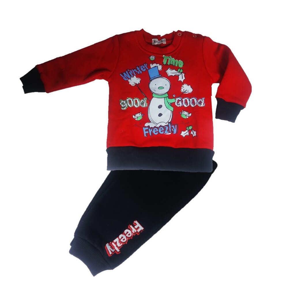 Compleu bebe de iarna cu Om de Zapada, Rosu/Bleumarin, 74 CM