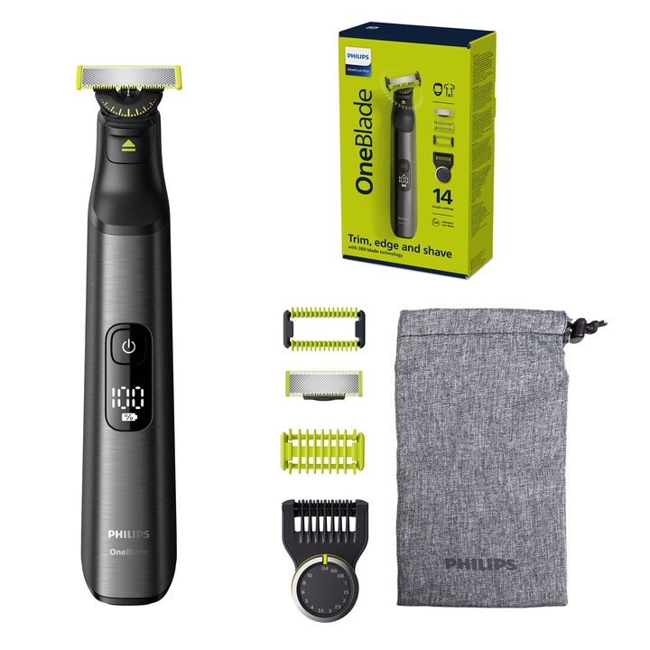 Aparat hibrid de barbierit, tuns barba si parul corporal Philips OneBlade Pro QP6551/30, pieptene cu 14 lungimi, lama inovatoare 360 cu 2 taisuri, afisaj digital LED, pieptene corp, reincarcabil, autonomie 120 min, umed si uscat, husa, Crom