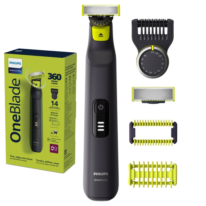 Тример Philips OneBlade Pro QP6541/15 , за брада и тяло, акумулаторна, автономност 90 минути, мокро и сухо, Черен