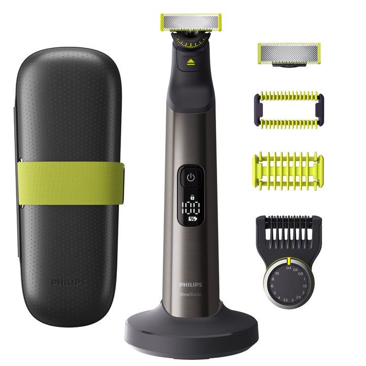 Хибриден уред за подстригване/оформяне Philips OneBlade Pro QP6651/61, За брада и тяло, Гребен с 14 дължини, Иновативно острие 360 с 2 страни, LED дигитален дисплей, Автономност 120 минути, Мокро и Сухо, Сменяемо острие, Поставка за зареждане