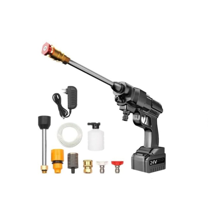 Set aparat de spalat cu presiune fara fir 24V, 2500mAh, Duza multifunctionala, Incarcator, furtun pvc, filtru de apa, rezervor pentru solutie de spalat, Regal tradeSuport de perete pentru hartie igienica si telefon, cu sertar depozitare, Regal trade