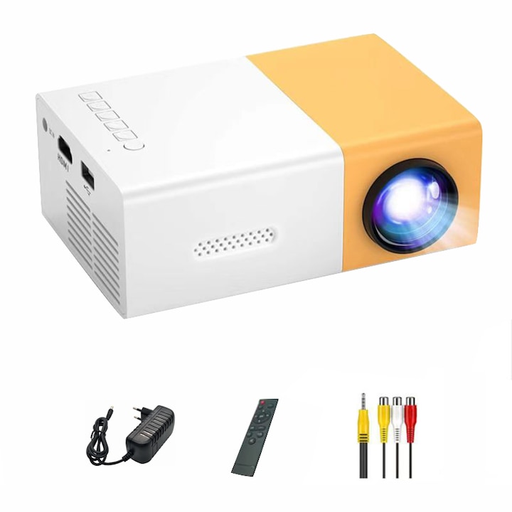 Мини видео проектор, Vaxiuja, LED, 1920x1080 пиксела, Преносим, Дистанционно управление, HDMI/USB, Бял/Жълт