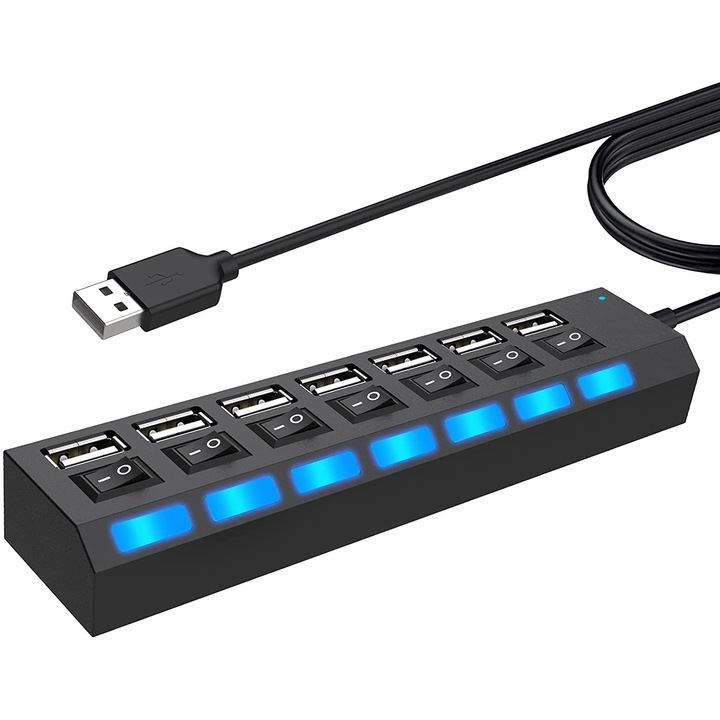 Хъб 7n1, Vaxiuja, USB, LED, преносим, черен