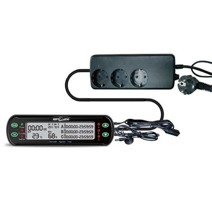 Termostat pentru acvariu Repti-Zoo, 3 Iesiri, Interval -20/+50 Grade, Display LCD, Negru, Rosu, Verde