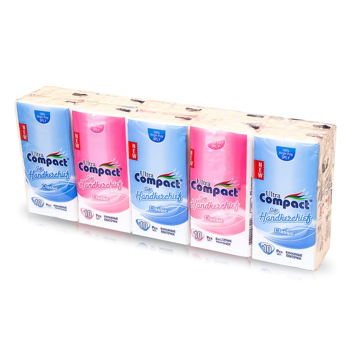 Servetele nazale 3 straturi Ultra Compact, 100% Celuloza Pura, 10 pachete, 100 bucati