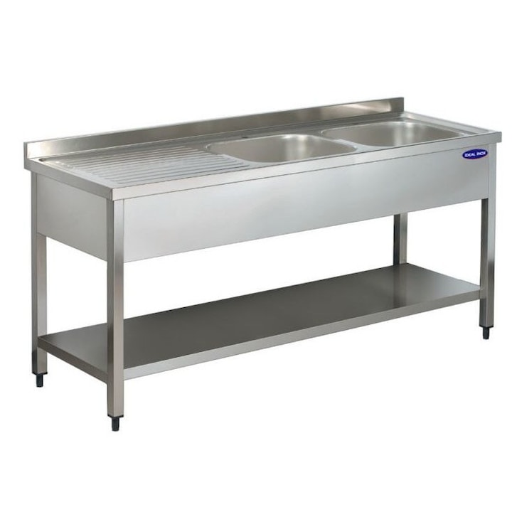 Spalator inox, IDEAL INOX, 2 cuve pe dreapta, polita inferioara si picurator, 1400x600x850