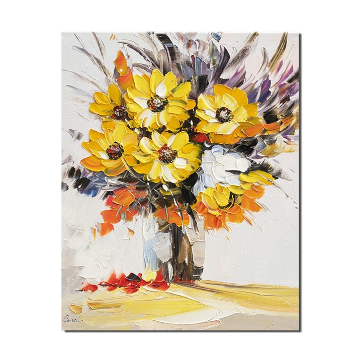 Tablou pictat manual Artnova, Vaza cu floarea soarelui, 50x40cm pictura ulei pe panza in cutit efect 3D