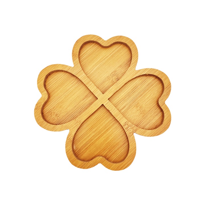 Platou servire din lemn, 20 x 20 cm, 4 compartimente, inima