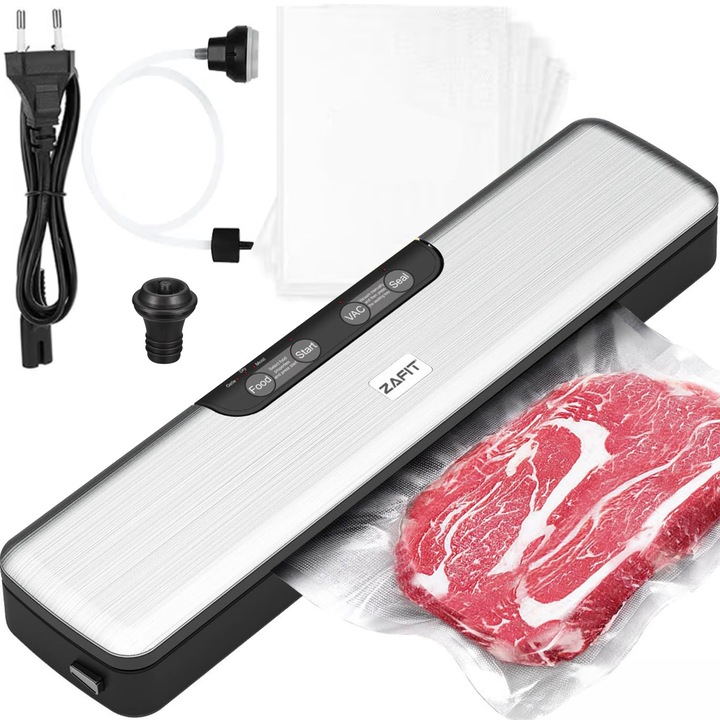 Set Aparat de vidat alimente ZAFIT™ VID-125 Professional, furtun vidare sticle si caserole, dop pentru vidarea sticlelor, 30 cm bara de lipire, cu 5 pungi incluse, Metalic