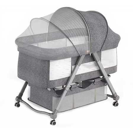 Patut Pliabil pentru Bebelusi, WOWSTEP®, Usor de Transportat, Sistem de Blocare, Pliabil, Plasa Impotriva Insectelor, Cadru de Aluminiu, Cos Depozitare, Varsta 0-24 luni, Gri