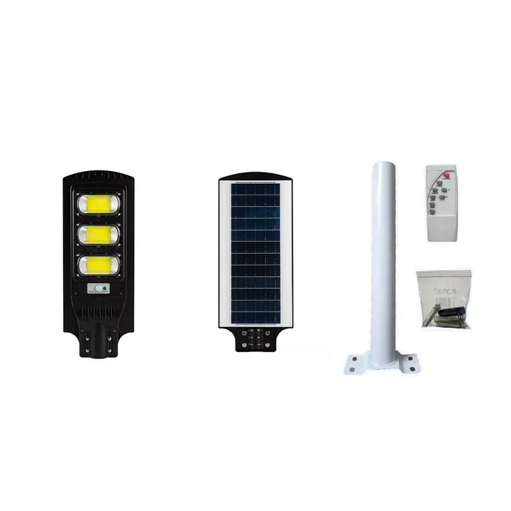Lampa Stradala cu Incarcare Solara, IP65, 240COB LED 300W, Material ABS, 3 Moduri de iluminare, 230 X 600 mm, Senzor de Lumina si Senzor de Miscare, Telecomanda, Brat de Sustinere din Otel 50 cm Lungime Inclus, Negru