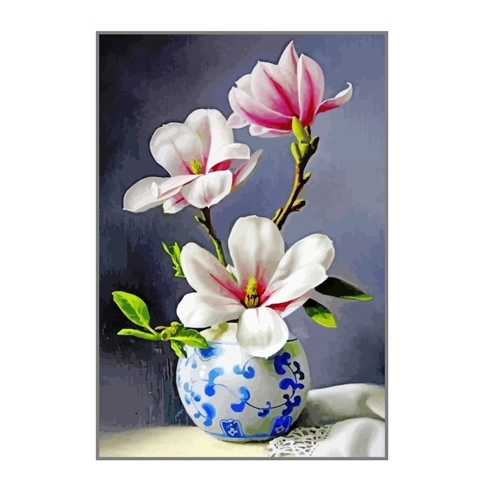Set pictura pe numere, Vaza cu magnolii, 20 x 30 cm, Multicolor