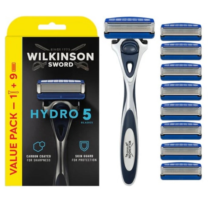 Set aparat de ras, Wilkinson Sword Hydro 5 Protection Regular, barbati,9 rezerve incluse