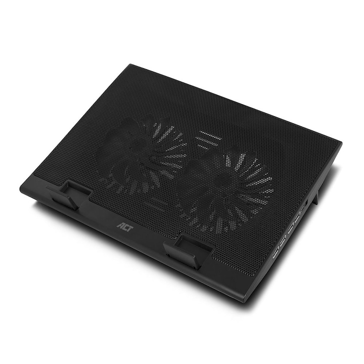Охладител за лаптоп ACT, До 17", С два вентилатора, USB хъб, Черен