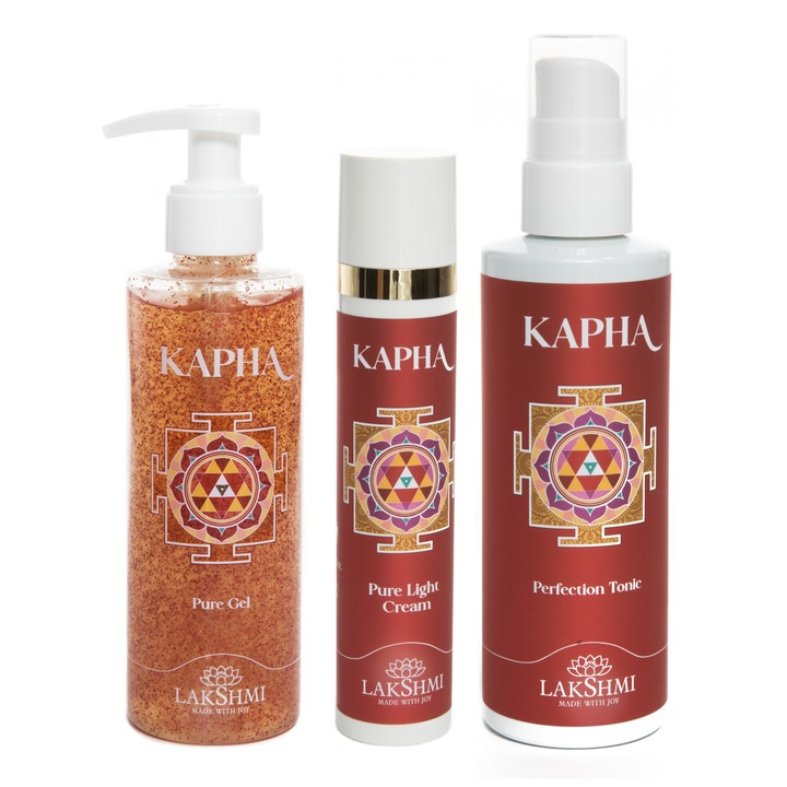 Set 3 produse cosmetice pentru ingrijirea tenului gras si cu impuritati 450ml, Lakshmi, eco-bio, crema, lotiune tonica si gel curatare profunda