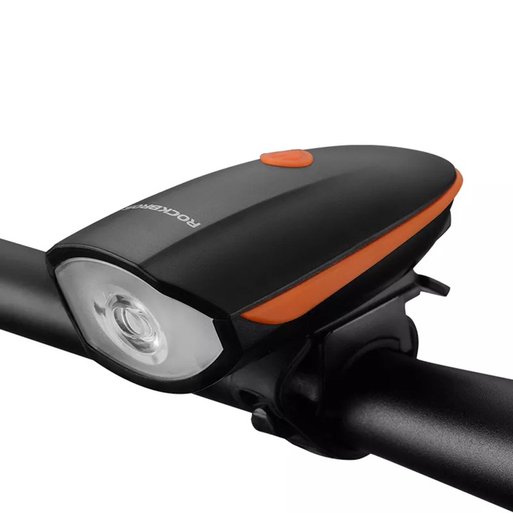 RockBros vízálló kerékpár lámpa kürttel, 1200 mAh újratölthető akkumulátorral, 250 lm és 6 LED világítási mód, narancssárga