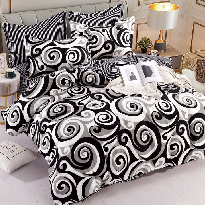 Спален комплект за 2 момичета, фин памук, 6 части, двойно легло, 200x210 см, черно/бяло, FNJ-341