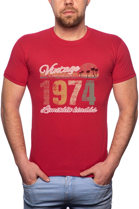 Limitált Kiadás - 1974, Normál fazonú feliratos férfi poló, 100% Pamut, 544, Piros
