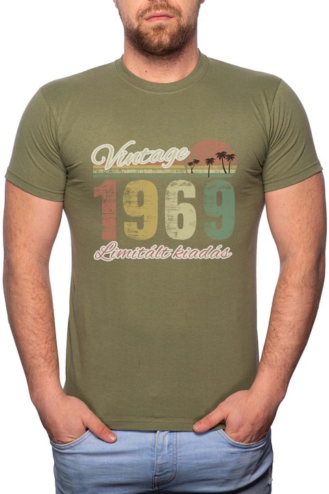 Limitált Kiadás - 1969, Normál fazonú feliratos férfi poló, 100% Pamut, 545, Khaki