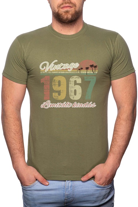Limitált Kiadás - 1967, Normál fazonú feliratos férfi poló, 100% Pamut, 547, Khaki