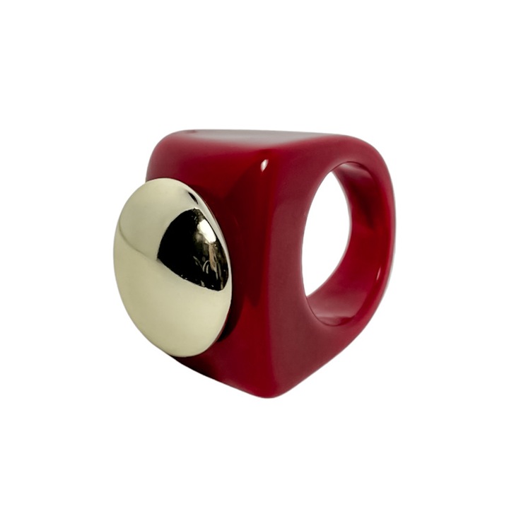 Inel Square Gold Dot, Candy Jewels, rasina epoxidica/plastic, rosu cu auriu, marime universala