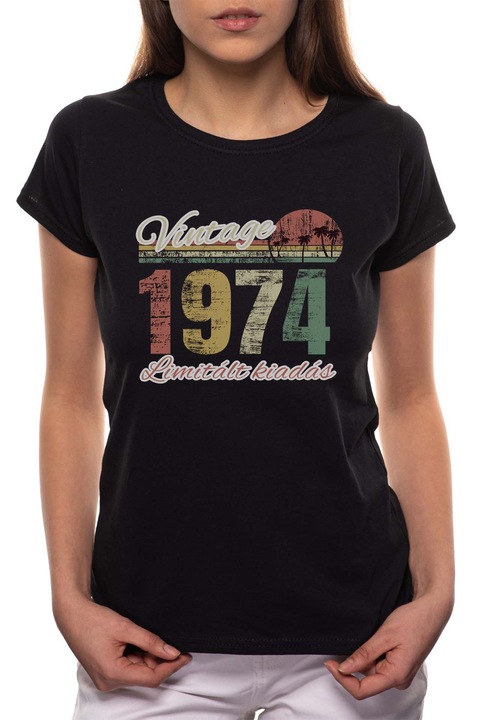 Limitált Kiadás - 1974, Kerek nyakú női póló, 100% Pamut, 544, Fekete