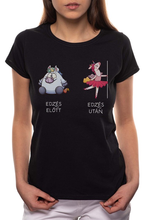 Edzés előtt - Edzés után, Kerek nyakú női póló, 100% Pamut, 549, Fekete