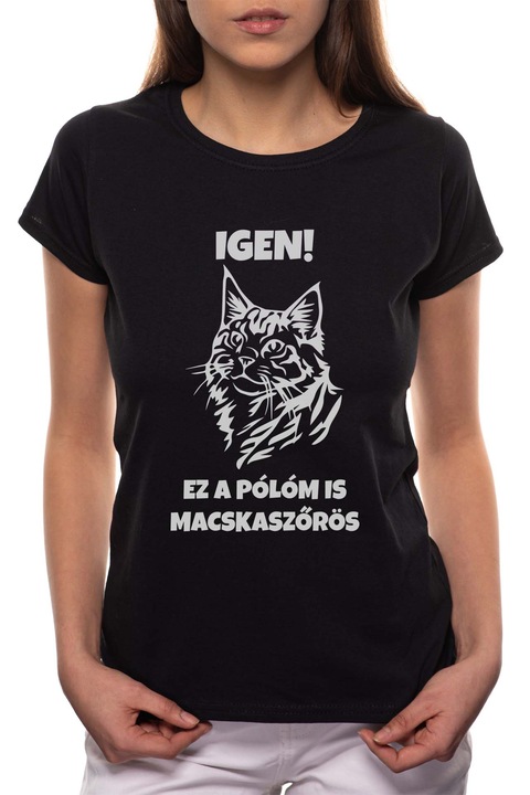 Macskaszőr, Kerek nyakú női póló, 100% Pamut, 550, Fekete