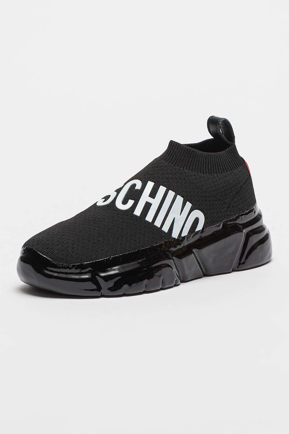 Love Moschino, Спортни обувки с кожа и дизайн с плетен чорап, Бял ...